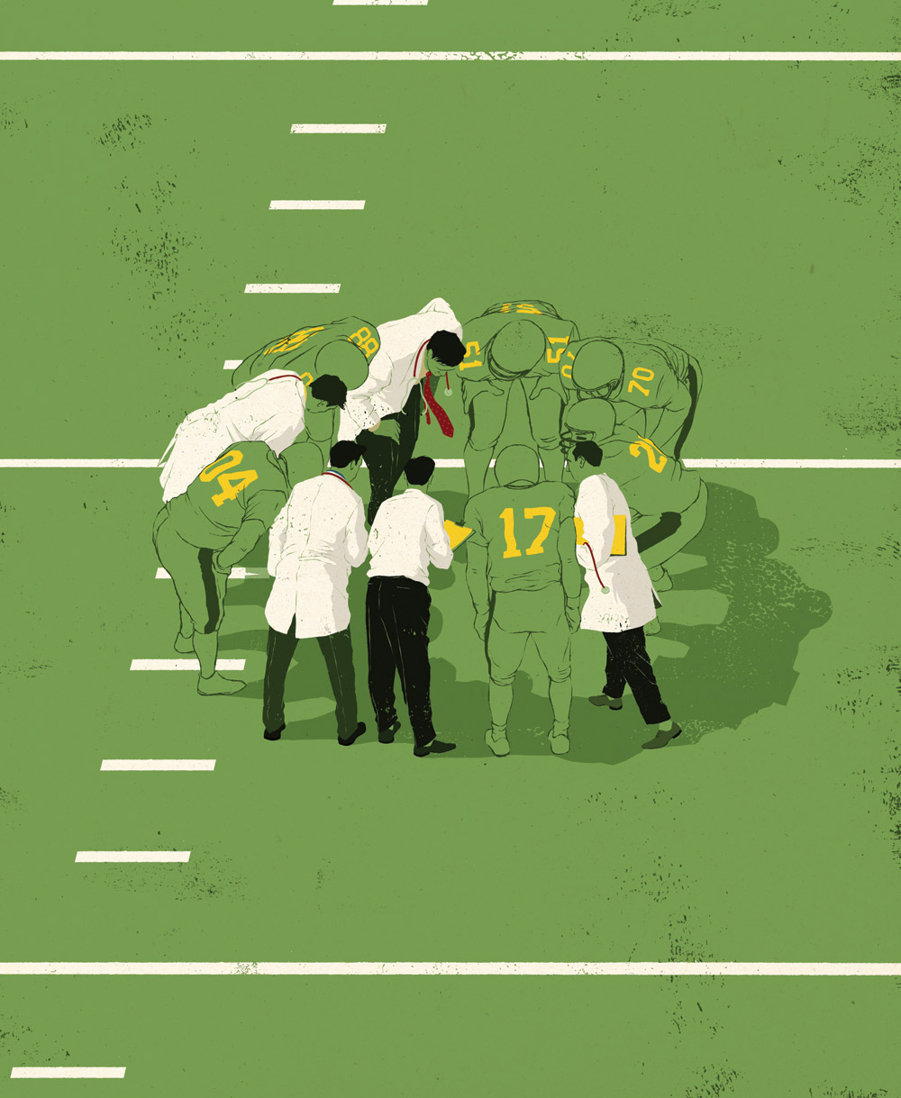 Illustration of football team and doctors in a huddle