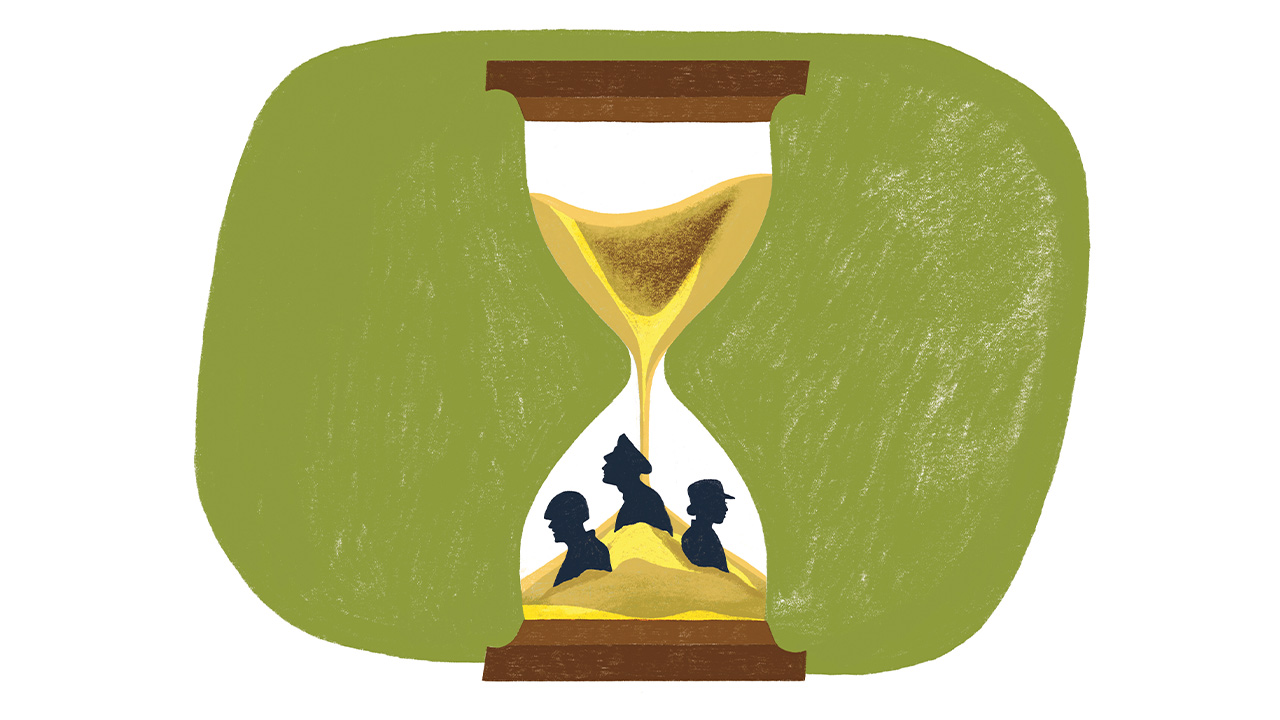Illustration of an hourglass with silhouettes of military veterans