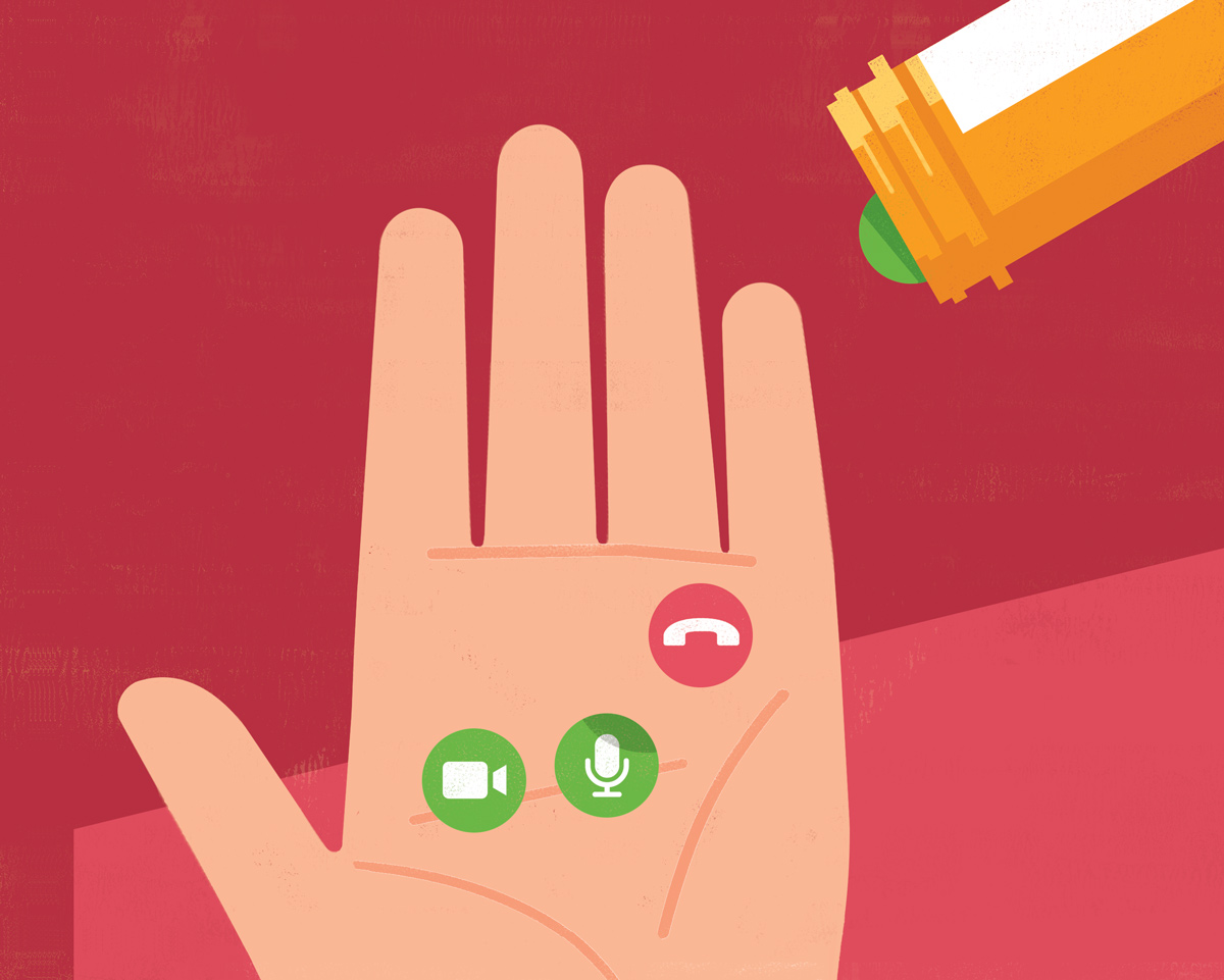 digital illustration of pill bottle pouring video, microphone, and ending phone call icons into a hand