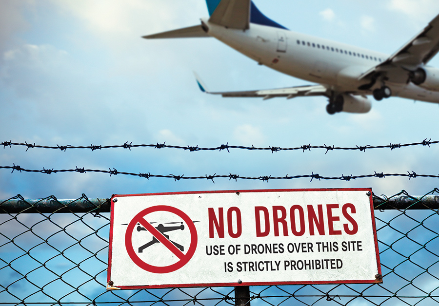 plane flying over fence with No Drones warning sign