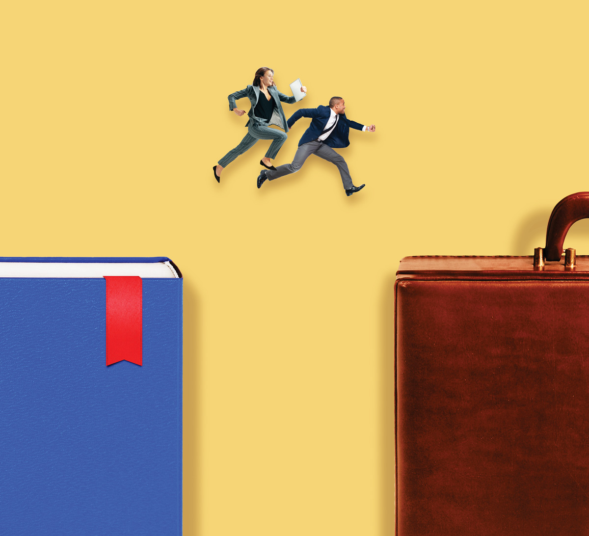 business man and woman jumping from a book to a briefcase