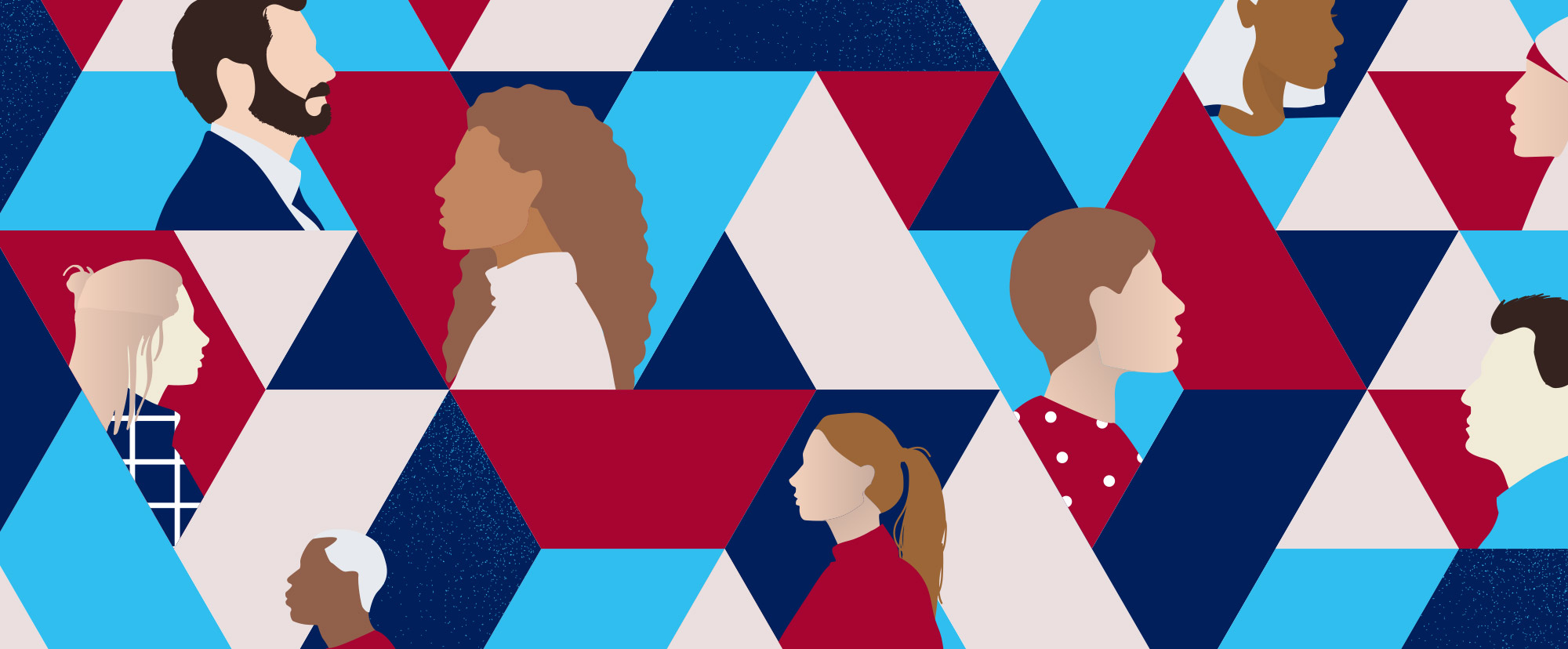 Peoples' side profiles on geometric background