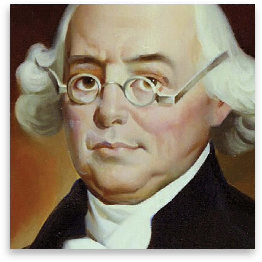 Portrait of an older man with white hair and glasses in historical attire.